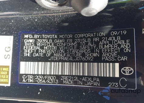 2020 Toyota Corolla Le from USA, damaged, VIN JTDEPRAE4LJ076092